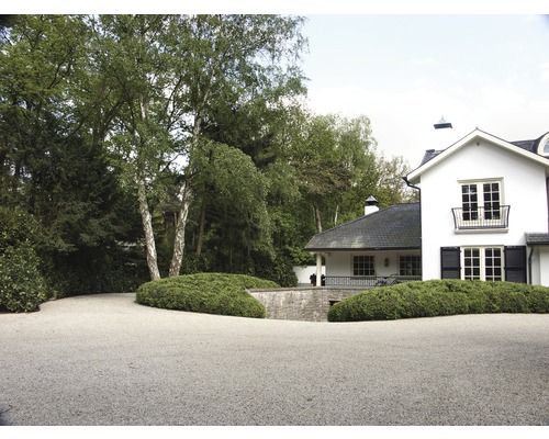 Allée avec gravier, arbustes et maison