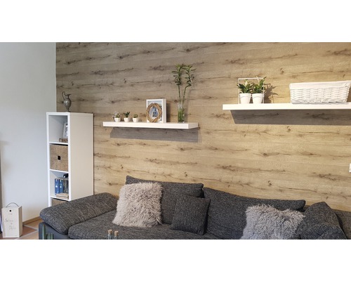 Salon avec mur en lambris, canapé, étagères et décoration