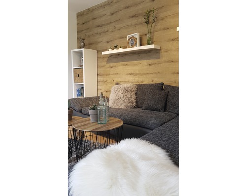Salon avec canapé, table basse, étagère murale et étagère devant un mur en bois