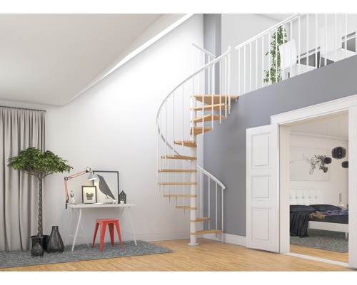 Escalier en colimaçon Pertura Cleon hêtre Multiplex Ø 120 cm blanc 11 marches 12 pas de marche