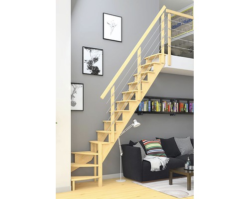 Escalier en bois avec rampe en acier inoxydable dans le salon