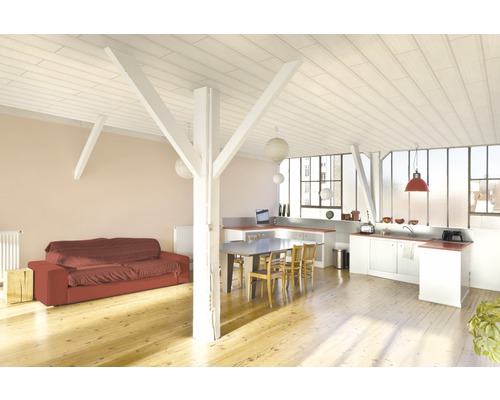 Panneau décoratif Trendy Duo Bouleau Royal 10 x 200 x 1200 mm Espace de vie ouvert avec plancher en bois, cuisine, table et canapé