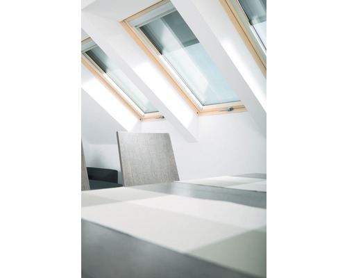 Intérieur avec fenêtres de toit et table à manger