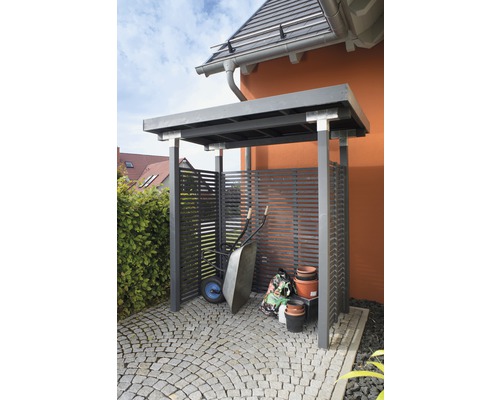 Abri de jardin en bois avec brouette et pots de fleurs