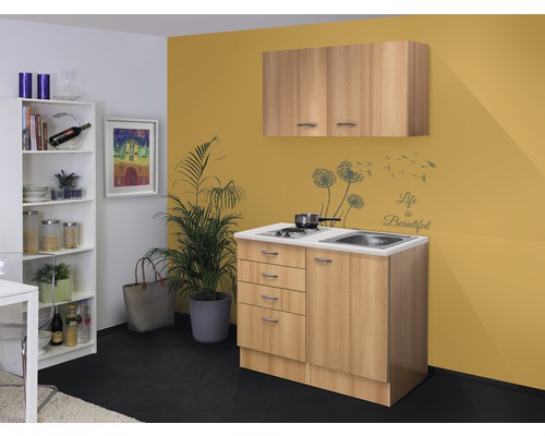 Cuisine compacte avec évier, plaque de cuisson et armoire suspendue dans une pièce.