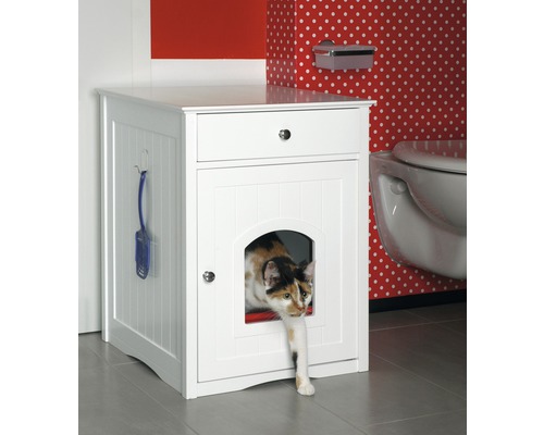 Meuble de toilette pour chat blanc avec tiroir et un chat qui sort