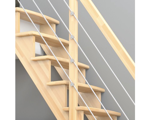 Escalier en bois avec des câbles en acier inoxydable comme rambarde