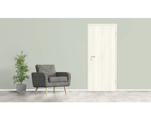 Zimmertür mit Türdrücker, grauer Sessel und Topfpflanze in einem hellen Raum.