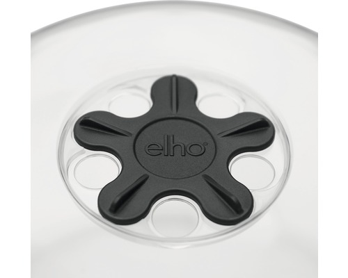 Vue détaillée du logo Elho sur une soucoupe de pot de fleurs transparente.