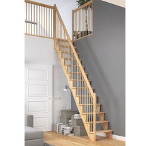 Escalier en bois avec rampe dans une pièce moderne et lumineuse