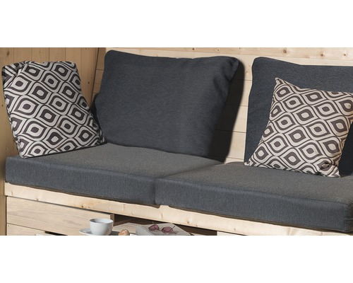 Salon de jardin avec coussins d''assise gris et coussins décoratifs à motifs