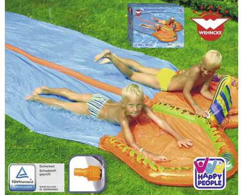 Toboggan aquatique avec deux enfants dans le jardin, avec emballage du produit, logo Happy People et certificat TÜV Rheinland
