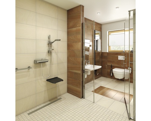 Barrierefreies Badezimmer mit Dusche, Toilette und Waschbecken.