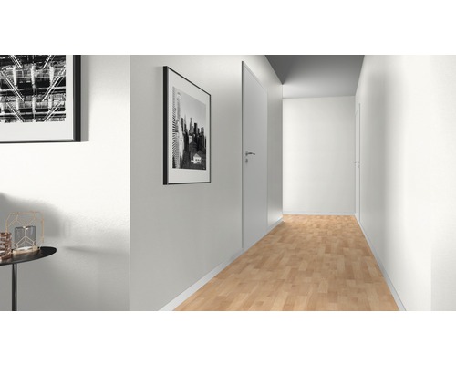 Couloir avec parquet, murs blancs et deux tableaux encadrés