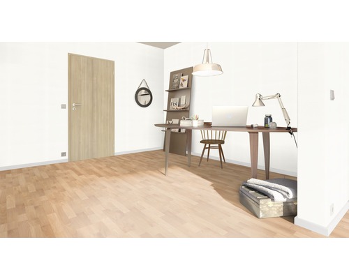 Scène d''intérieur avec porte en bois, bureau, chaise et objets de décoration