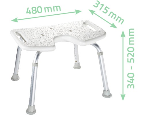 Duschhocker mit den Massen 480 mm Breite, 315 mm Tiefe und 340 bis 520 mm Höhe