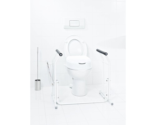 Toilette mit Toilettensitzerhöhung und Haltegriffgestell im Badezimmer