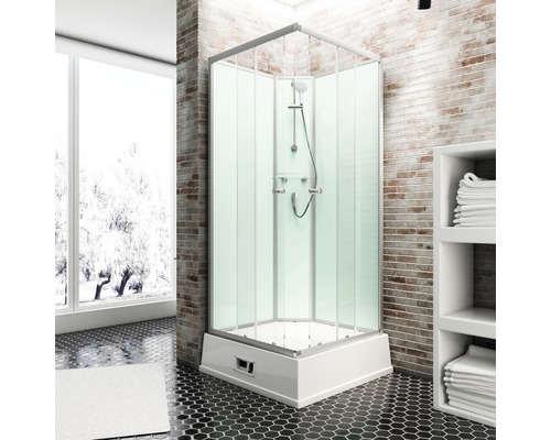 Douche complète SCHULTE Korfu 94x110x215 cm alu-nature avec chaudière et pompe Cabine de douche dans une salle de bain avec mur de briques et étagère