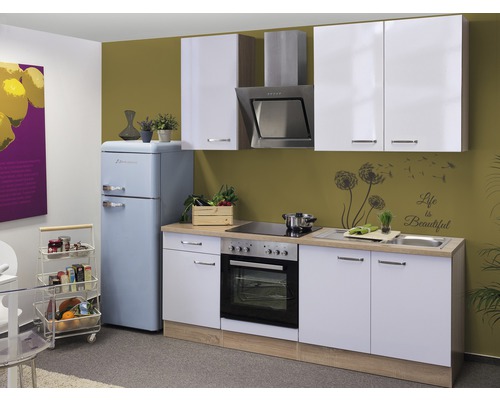 Flex Well Küchenzeile mit Geräten Valero 210 cm Frontfarbe weiß hochglanz  Korpusfarbe sonoma eiche zerlegt - HORNBACH Luxemburg