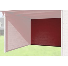 Innenansicht einer Garage mit Holzwänden und geschlossenem Garagentor