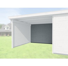 Weißes Carport mit Holzwänden.