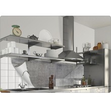 Scène de cuisine avec évier, cuisinière, hotte et étagères