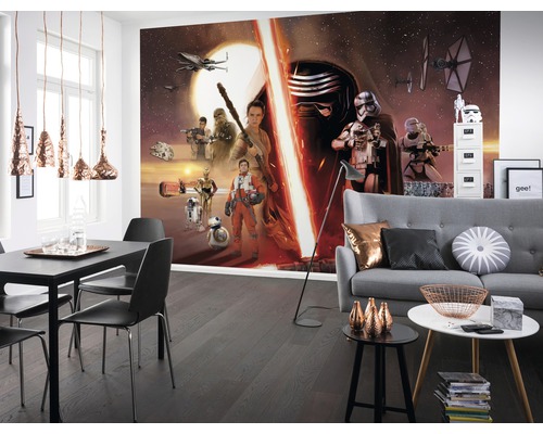 Wohnraum mit Star Wars Fototapete, Sofa und Esstisch