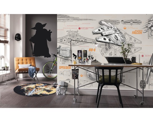 Dekoratives Zimmer mit Star Wars Artikeln wie Teppich, Wandtattoo und Tapete