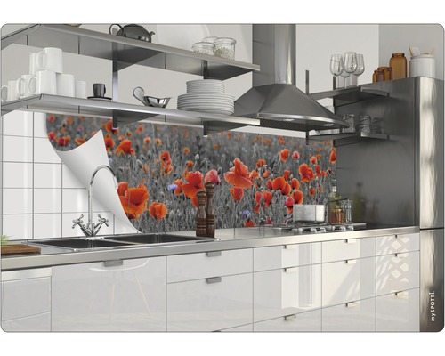 Crédence de cuisine avec motif de coquelicots derrière un évier dans une cuisine moderne.