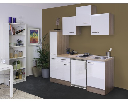 Cuisine de célibataire équipée Flex Well Valero 180 cm façade blanche à haute brillance, corps chêne sonoma variante réversible