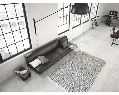 Innenraumansicht mit Sofa, Teppich und Beleuchtung