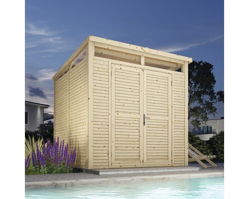 Abri de jardin en bois avec porte double près de la piscine