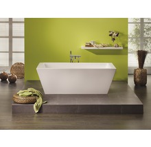 Modernes Badezimmer mit freistehender Badewanne, Armatur und Dekor.