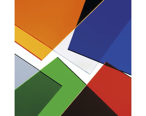 Plusieurs plaques de verre acrylique de différentes couleurs se chevauchent.