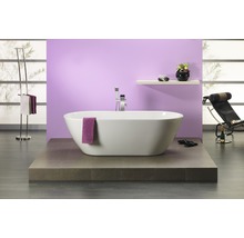 Badezimmer mit freistehender Badewanne, Handtuchhalter, Regal und Liege