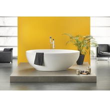 Freistehende Badewanne im Badezimmer mit Armatur und Dekoration