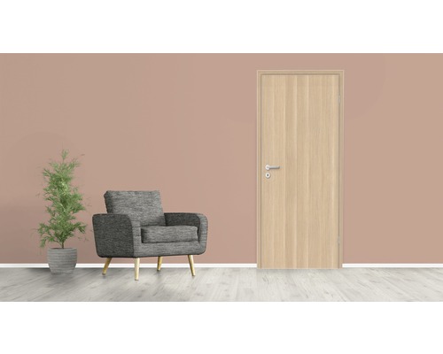 Intérieur avec porte en bois, fauteuil et plante en pot