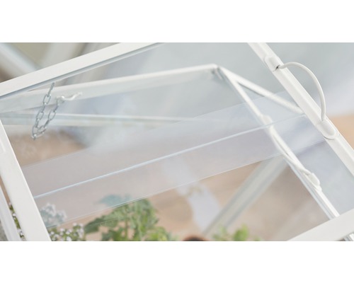 Nahaufnahme eines Zimmergewächshauses mit Glas und Metallrahmen