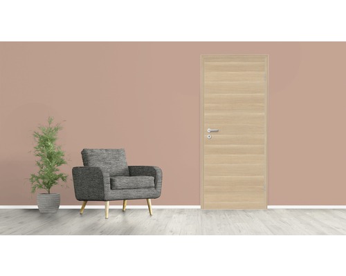 Helle Holztür mit Türgriff in einem hellen Raum, neben einem Sessel und einer Pflanze.