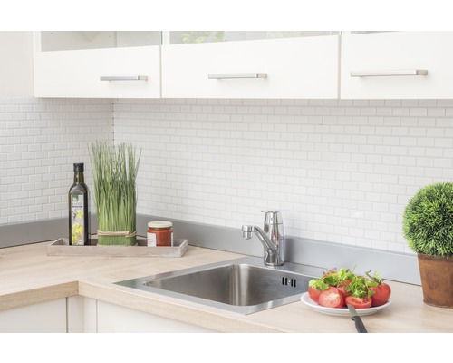 Scène de cuisine avec évier, robinet, carrelage, armoire et décoration