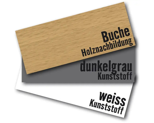 Dekoransicht: Buche Holznachbildung, dunkelgrauer und weisser Kunststoff
