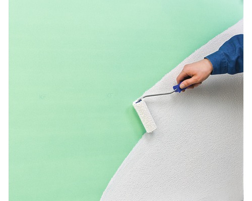 Une personne peint un mur avec un rouleau à peinture.