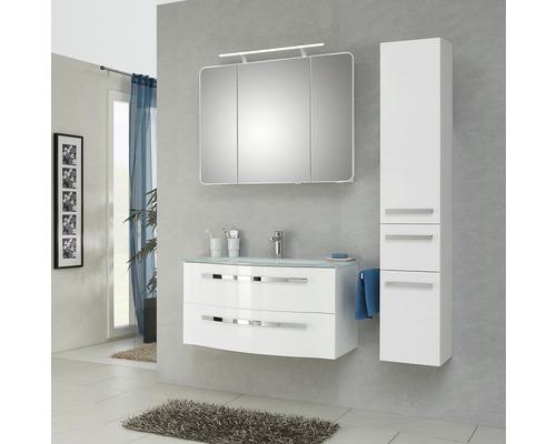 Modernes Badezimmerensemble mit Waschbeckenunterschrank, Spiegelschrank und Hochschrank für ein stilvolles Ambiente