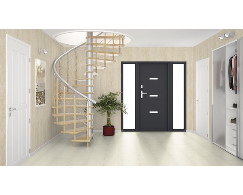 Flur mit Wendeltreppe, Haustür und Garderobe