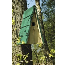 Nichoir avec toit vert fixé à un arbre