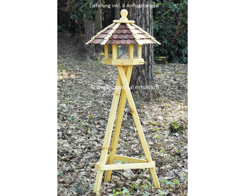 Maison pour oiseaux avec six perchoirs sur un support en bois