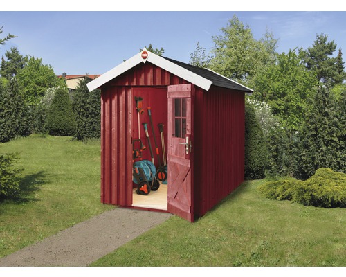 Remise à outils weka Öland taille 1 avec plancher, 162x168 cm, rouge de falun Abri de jardin en bois avec porte ouverte et outils de jardin
