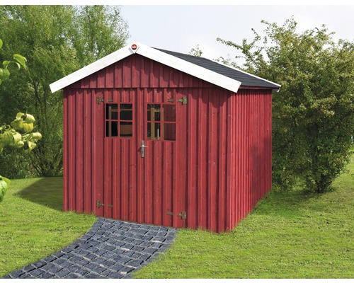 Remise à outils weka Öland taille 3 avec plancher, 240x246 cm, rouge de falun Abri de jardin en bois avec deux fenêtres et une porte dans le jardin