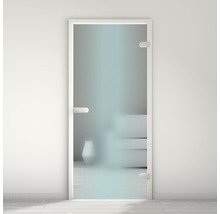 Glastür mit satiniertem Glas und Griff in einem hellen Raum.