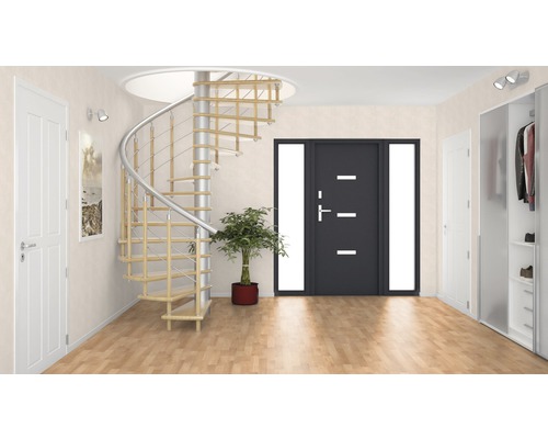 Fluransicht mit Wendeltreppe, Eingangstür und Garderobenschrank